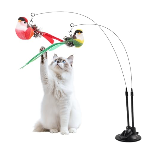 Cat Wand Toy, Suction Cup Interactive Teaser, 2-in-1 Feature with Simulated Chirping Bird for Teething and Foraging, Cat Play Wand with Engaging Design, Teaser Toy for Calming and Training