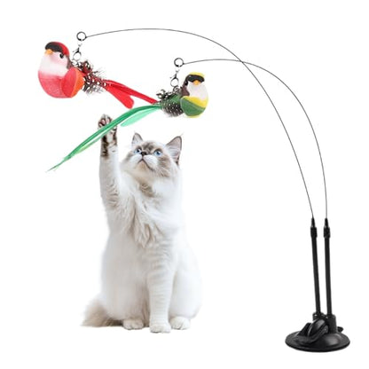 Cat Wand Toy, Suction Cup Interactive Teaser, 2-in-1 Feature with Simulated Chirping Bird for Teething and Foraging, Cat Play Wand with Engaging Design, Teaser Toy for Calming and Training
