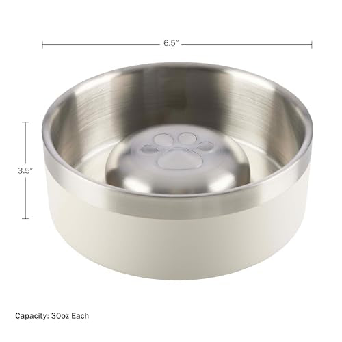 Set of 2 Stainless Steel Slow Feeder Dog Bowls - 30oz/3.75 Cups Double Wall Insulated Food and Water Bowls for Dogs - Non Slip Metal Pet Dishes for Small-Medium Sized Pets PETMAKER (Cream) - size: 30oz
