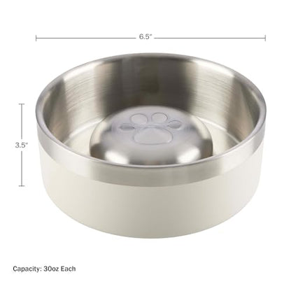 Set of 2 Stainless Steel Slow Feeder Dog Bowls - 30oz/3.75 Cups Double Wall Insulated Food and Water Bowls for Dogs - Non Slip Metal Pet Dishes for Small-Medium Sized Pets PETMAKER (Cream) - size: 30oz