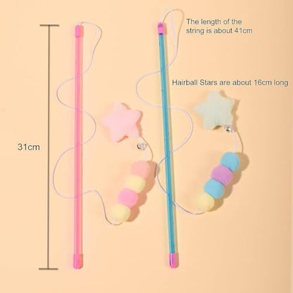 Cat Teaser Wand Toy with Plush Ball, Pink Elastic Rope, Star Pendant, Handmade Interactive Kitten Mice and Animals Toy