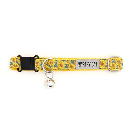 THE WORTHY DOG Patterned Sunflowers Cat Collar with Bell, Adjustable Nylon Safety Collar, Blue, One Size - color: Blue-Sunflowers