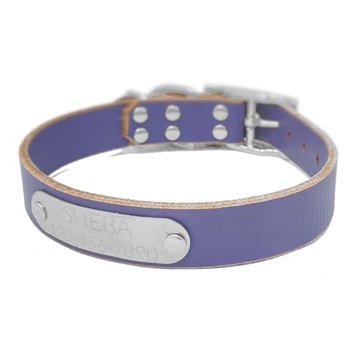Handmade Personalized Bridle Leather Dog Collar, Engraved Stainless Steel Nameplate (Periwinkle Purple) - color: Periwinkle Purple
