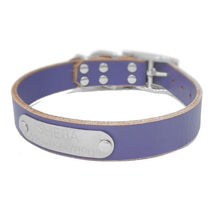 Handmade Personalized Bridle Leather Dog Collar, Engraved Stainless Steel Nameplate (Periwinkle Purple) - color: Periwinkle Purple
