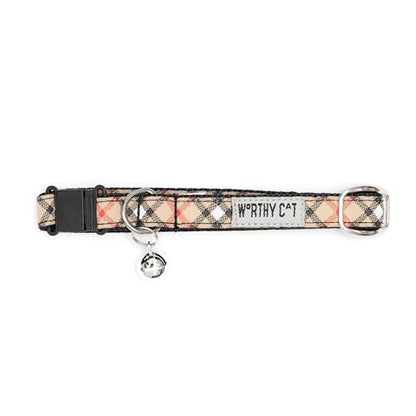 THE WORTHY DOG Patterned Bias Plaid Cat Collar with Bell, Adjustable Nylon Safety Collar, Tan, One Size - color: Tan-Bias Plaid