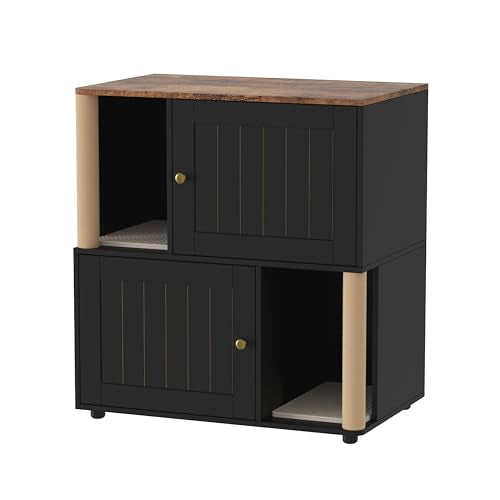 Garvee Double Layer Cat Litter Box Furniture, 2 in 1 Hidden Litter Box Furniture with Scratching Post and Litter Mats, Wooden Corner Cabinet Cat Washroom Bed - color: Black Slotted Door