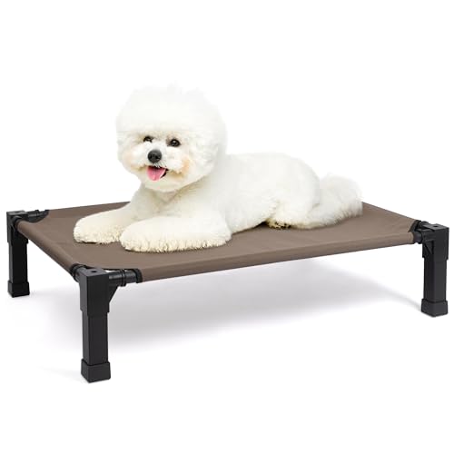 Heeyoo Elevated Dog Bed, Cooling Raised Pet Cot with Chew Proof Washable Breathable Mesh and Metal Frame, Portable Dog Cot Bed with No-Slip Feet for Outdoor or Indoor Use - color: Brown, size: 35"L x 25"W x 7.4"H