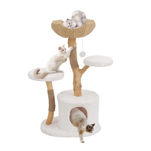 Unipaws Modern Cat Tree Tower for Small and Large Cats, Real Solid Wood Branch Luxury Cat Condo with Scratching Post and Cat Bed, Indoor Furniture for Cat Lover Gifts - size: Cat Tree (2 Platforms & 1 Basket)