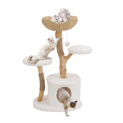 Unipaws Modern Cat Tree Tower for Small and Large Cats, Real Solid Wood Branch Luxury Cat Condo with Scratching Post and Cat Bed, Indoor Furniture for Cat Lover Gifts - size: Cat Tree (2 Platforms & 1 Basket)
