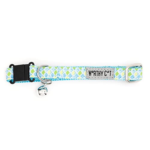 THE WORTHY DOG Patterned Mermaid Cat Collar with Bell, Adjustable Nylon Safety Collar, Lite Blue, One Size - color: Blue-Mermaid