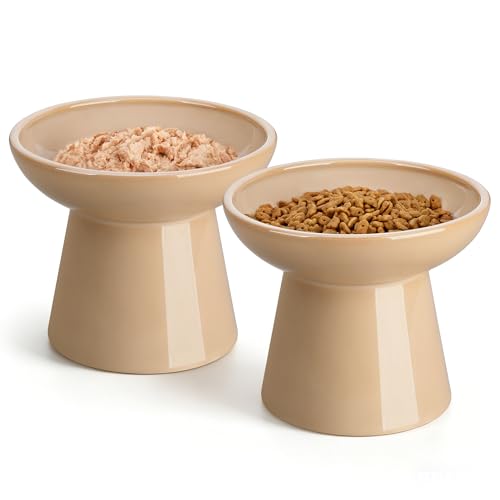 vancasso Elevated Cat Food Bowls 2-Pack, 6.2" Wide Shallow Cat Feeding Bowl for Whisker Fatigue, 5.1" Height Ceramic Raised Food Bowls for Senior Cats, Anti Vomit, Brown - color: Brown-Food 2-pack