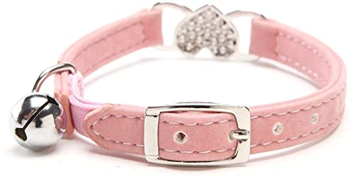 CHUKCHI Pink Soft Velvet Safe Cat Adjustable Collar with Crystal Heart Charm and Bells 8-11 Inches(Black+Pink) - color: Black+Pink