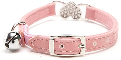 CHUKCHI Pink Soft Velvet Safe Cat Adjustable Collar with Crystal Heart Charm and Bells 8-11 Inches(Black+Pink) - color: Black+Pink