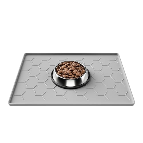 Pieviev 16''x12'' Dog Cat Food Bowl Mat, Silicone Waterproof Food Grade Pet Food Mat for Floor, High Raised Edge to Prevent Spills, Non-Slip & Easy Clean Pet Placemat for Dog & Cat Bowls, Light Gray - color: Light Gray, size: S-16''X12''