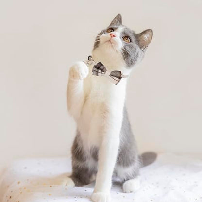 ADOGGYGO Plaid Cat Collars Breakaway with Bow Bell, Removable Bowtie, 2 Pack Beige Blue Plaid Kitten Bow Collar for Cats Kittens - color: Beige&Blue-1