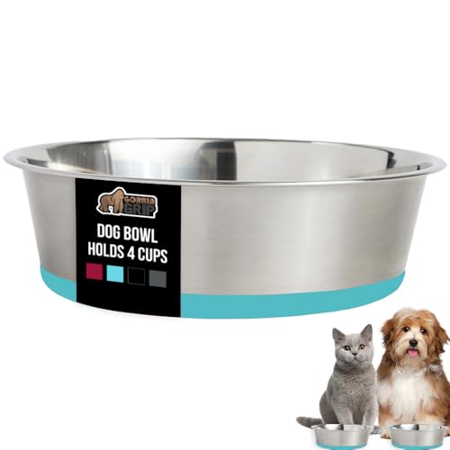 GORILLA GRIP Dog Bowl, Holds 4 Cups (32 fl oz), Food Grade 304 Stainless Steel Food and Water Bowl for Feeding Dogs and Cats, BPA Free Rubber Base, Easy Clean, Dishwasher Safe Rust Resistant Turquoise - color: Turquoise, size: 4 Cup (32 Oz)