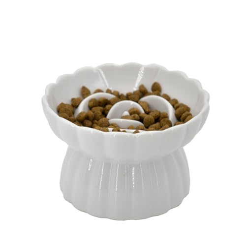 Ceramic Cat Slow Feeder, Raised Slow Feeder Cat Bowl, Anti Vomiting and Whisker Friendly Kitty Dish, Elevated Puppy Kitten Food Bowl for Dry and Wet Food (White) - color: White