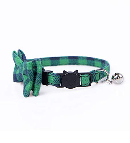 Cat Collar Breakaway with Bell and Bow Tie, Plaid Design Adjustable Safety Kitty Kitten Collars(6.8''-10.8'') (Green Plaid) - color: Green Plaid