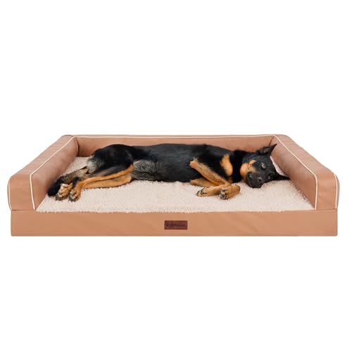 Furhaven Orthopedic Dog Sofa Bed – Memory Foam Couch with Bolsters, Textured Plush & Water-Resistant Cover, Washable Cover, Joint Support - Camel, Jumbo Plus - color: Camel, size: Jumbo Plus