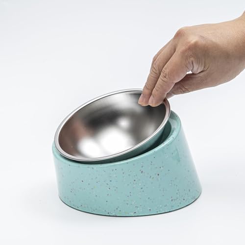 bzyoo 16oz Tilted Dog Bowl for Small Dogs & Cats, 15° Elevated Stainless Steel Pet Feeder, Ergonomic Anti-Vomiting Food Bowl for Frenchie, Pug, Persian Cat, Non-Skid Melamine Stand, Sprinkle (Green) - color: Green