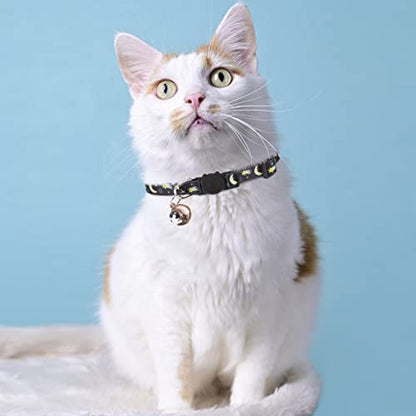 Breakaway Cat Collars with Bell & Cute Pendants, 3 Pack Safety Buckle Kitten Collars, Adjustable Pet Collar Ideal for Girl Boy Cats Puppy (Moon&Star) - color: Style A - Moon
