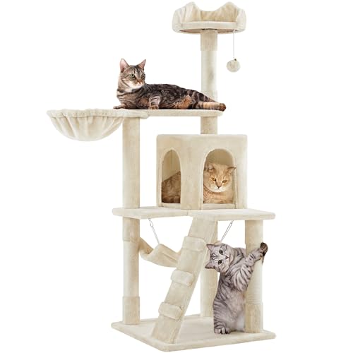 Yaheetech Cat Tree, 54in Tall Cat Tower for Indoor Cats with Extended Platform & Basket, Spacious Cat Condo, Funny Hammock, Scratching Posts and Ladder, Beige - color: Beige