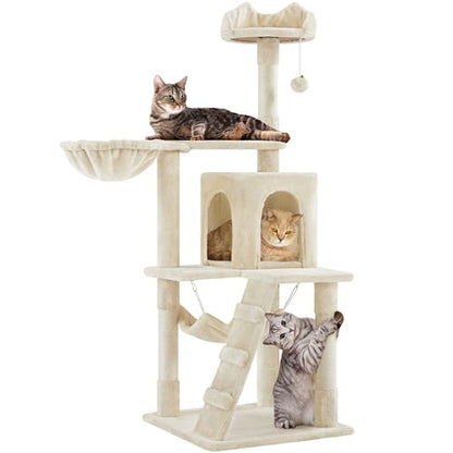 Yaheetech Cat Tree, 54in Tall Cat Tower for Indoor Cats with Extended Platform & Basket, Spacious Cat Condo, Funny Hammock, Scratching Posts and Ladder, Beige - color: Beige