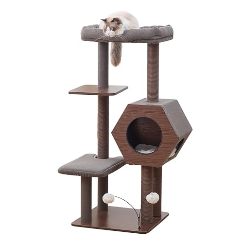 PetPals 5-Level 46.4” Mid-Century Modern Cat Tree with Hexagon Condo, Replaceable Recycled Paper Rope Scratchers, Washable Bed&Toys, Quick Assembly, Ideal for Medium Cats,Dark Brown - color: Dark Brown