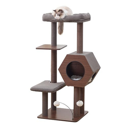 PetPals 5-Level 46.4” Mid-Century Modern Cat Tree with Hexagon Condo, Replaceable Recycled Paper Rope Scratchers, Washable Bed&Toys, Quick Assembly, Ideal for Medium Cats,Dark Brown - color: Dark Brown