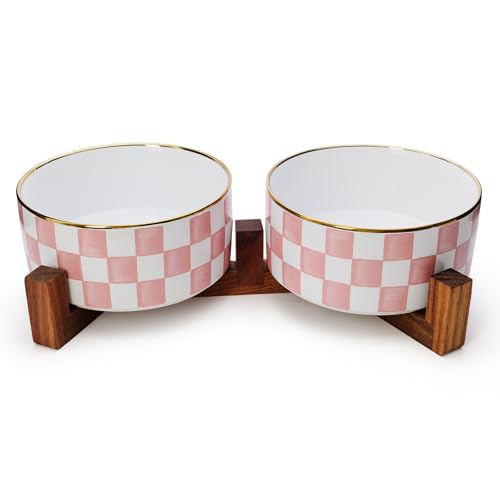 Ceramic Dog Bowls for Medium Dogs, 3.5 Cups Checkered Dog Food and Water Bowl with Acacia Wood Stand, Non-Slip Anti-Tip Elevated Feeding Station, Pink and White - color: Pink and White