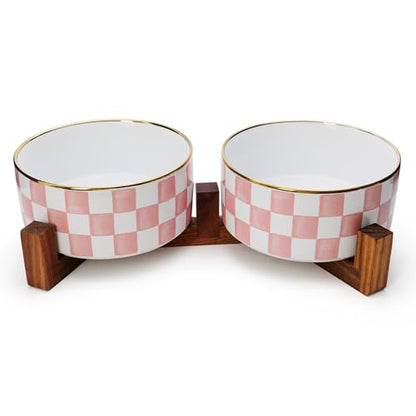 Ceramic Dog Bowls for Medium Dogs, 3.5 Cups Checkered Dog Food and Water Bowl with Acacia Wood Stand, Non-Slip Anti-Tip Elevated Feeding Station, Pink and White - color: Pink and White