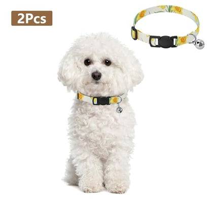 Pet Collars 2 Pack Soft Polyester Pet Collar Adjustable Length 10.6" to 17.1" - color: Yellow Flowers Green Leaves Floral