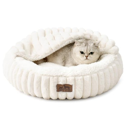 Cat Bed with Hooded Blanket, Round Fluffy Anti-Anxiety Pet Bed for Cats/Toy Breed Dogs, Cozy Donut Cuddler with Machine Washable Faux Fur & Anti-Slip Bottom(20"×20"×6",Cream) - color: Cream, size: 20"×20"×6"