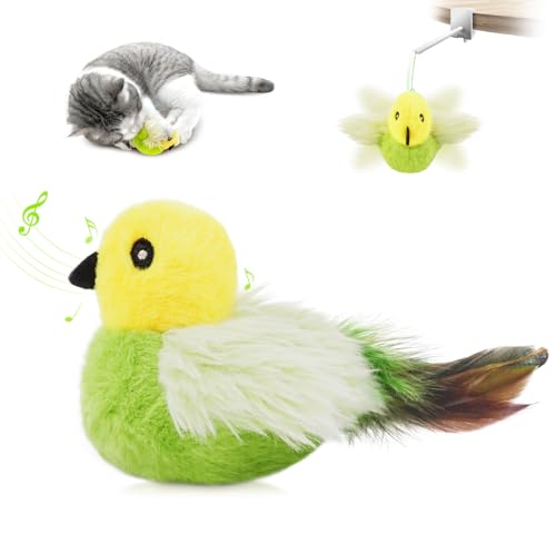 Migipaws Cat Toys,Interactive Lifelike Amakihi Flying Flapping Bird with Catnip, Feathers Hanging by Elastic String, Automatic Chirping Kitten Toys for Indoor Cats Self Play, Rechargeable(Green) - color: Emerald green