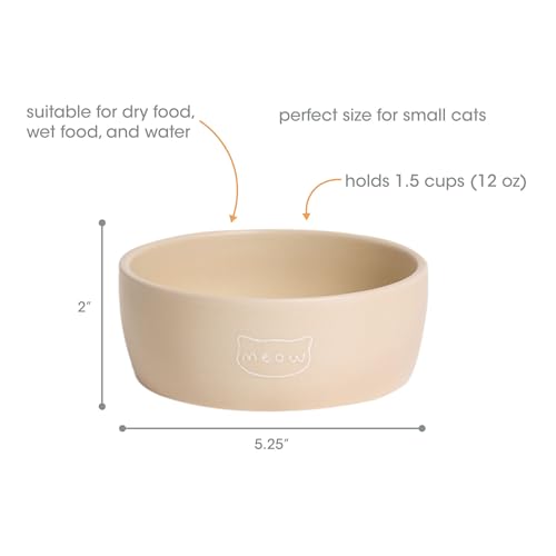 Pearhead Ceramic Cat Bowl – Neutral Taupe “Meow” Design, Holds 12 oz, Stoneware Pet Dish, Whisker-Friendly Pet Feeding, Non-Skid - color: Taupe "Meow", size: Single Bowl