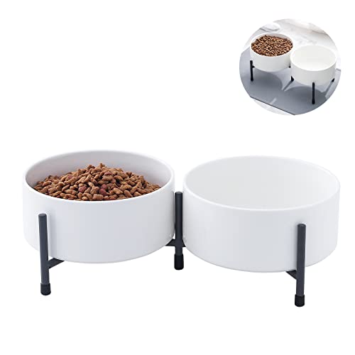 32 oz Ceramic Dog Cat Bowl Set of 2 with Elevated Metal Stand - 6 Inch Ceramic Round Pet Food and Water Feeder Bowl Dish for Cats & Dogs - White