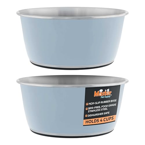 Master Pet Supply Stainless Steel Dog Bowls Set of 2 (32 Oz Each) with Non-Slip Rubber Base - Glacier Blue - Basic Dog Food Bowl Water & Food Bowls for Small Medium Large Dogs & Cats, Metal Dish - color: Glacier Blue, size: 4 Cups (32 oz) 2 Pack