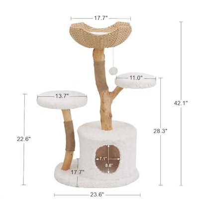 Unipaws Modern Cat Tree Tower for Small and Large Cats, Real Solid Wood Branch Luxury Cat Condo with Scratching Post and Cat Bed, Indoor Furniture for Cat Lover Gifts - size: Cat Tree (2 Platforms & 1 Basket)