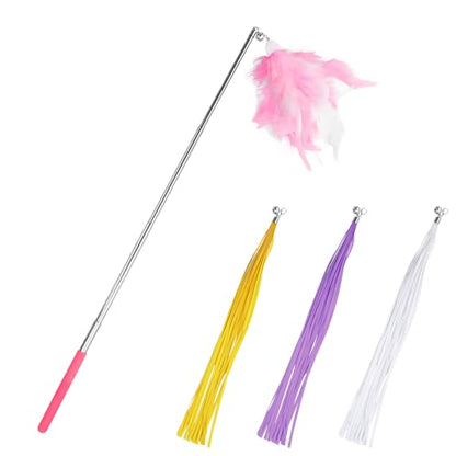 Andiker 5Pcs Retractable Cat Wand Toy, Cats Toy Set Contains 1 Feather Teaser & 3 Replaceable Tassels with Bell Stimulate Cats Hunting and Chasing Instincts Interactive Cat Toys (Pink) - color: Pink