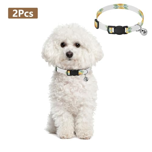 Yellow Sunflowers Green Leaves Kitten Collar with Bell 2 Pack Small Dog Collar Adjustable 10.6 to 17.1 Inches - color: Yellow Sunflowers Green Leaves