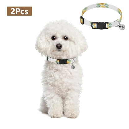 Yellow Sunflowers Green Leaves Kitten Collar with Bell 2 Pack Small Dog Collar Adjustable 10.6 to 17.1 Inches - color: Yellow Sunflowers Green Leaves