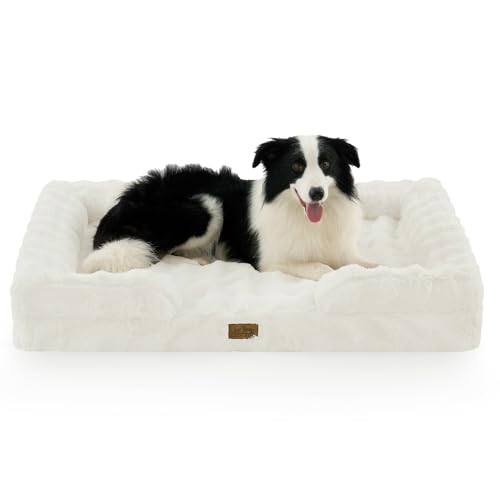 COZY KISS Orthopedic Dog Bed for Extra Large Dog 44x32 inch, XL Faux Fur Pet Sofa, Bolster Foam Bed with Sides, Non-Slip and Egg-Crate Big Dog Couch Bed with Washable Removable Cover, Beige - color: Beige, size: 44x32x7 inch