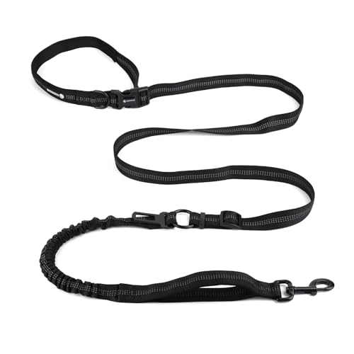 Heavy Duty Multifunctional Adjustable Hands Free Dog Leash - Durable Reflective Stitches, Car Safety Buckle Waist Leash for Dog Walking, Running, Hiking - 5-7FT - color: Black