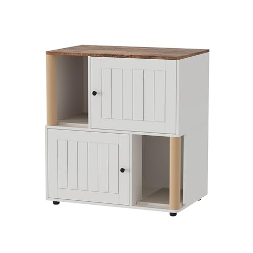 Garvee Double Layer Cat Litter Box Furniture, 2 in 1 Hidden Litter Box Furniture with Scratching Post and Litter Mats, Wooden Corner Cabinet Cat Washroom Bed - color: White Sliding Door