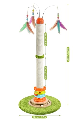 YARUOMY Cat Scratching Post，40'' Tall Cat Scratcher Tree Cat Toys for Indoor Cats with Cat Toys 4-Tier Roller Track，Automatically Rotating cat Teaser Wand，Hanging Balls for Kittens Adults Cats