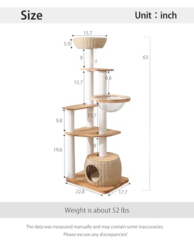 Wood Cat Tree for Large Cat, 63-Inch Tall Cat Tower with Scratching Post for Indoor Cats, Multi-Level Cat Condo with Hand-Woven Cat Bed and Acrylic Bowl Easy to Clean (White 81007s) - color: Nature 81007