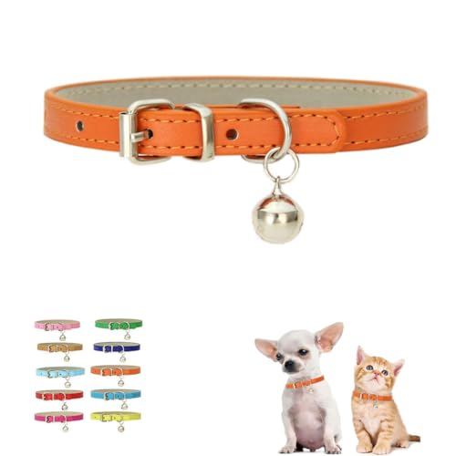 Orange Dog Collar Bells for Small Dogs, Puppy Collar Girl Cat Bell Collar Faux Leather PU Adjustable for XXS Xs Small Pet Dogs Animal Kitten Litter Tiny Girls Boys Male Female,Small - color: Orange, size: S for Neck 10"-13"