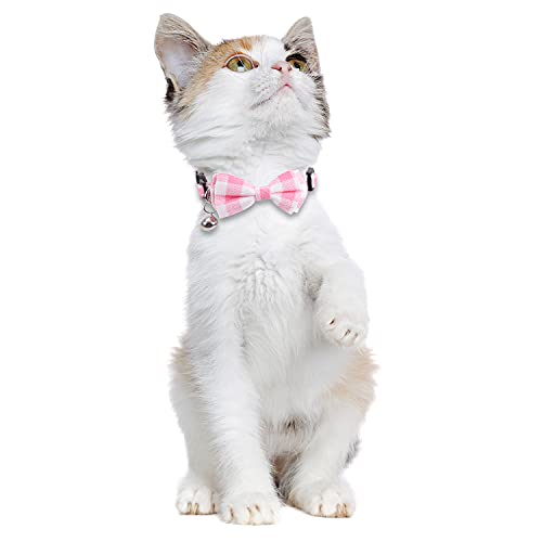 2 Pack/Set Cat Collar Breakaway with Cute Bow Tie and Bell Plaid Flower for Kitty Adjustable Safety - color: Pink-2