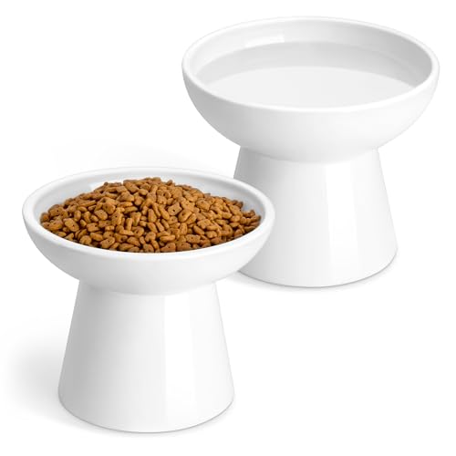 vancasso Elevated Cat Bowls 2-Pack, Ceramic Raised Cat Food and Water Dishes with 5.1" Height & 6.2" Wide Opening - Anti Vomit, Whisker Fatigue Relief for Senior Cats, and Small Dogs (White) - color: White