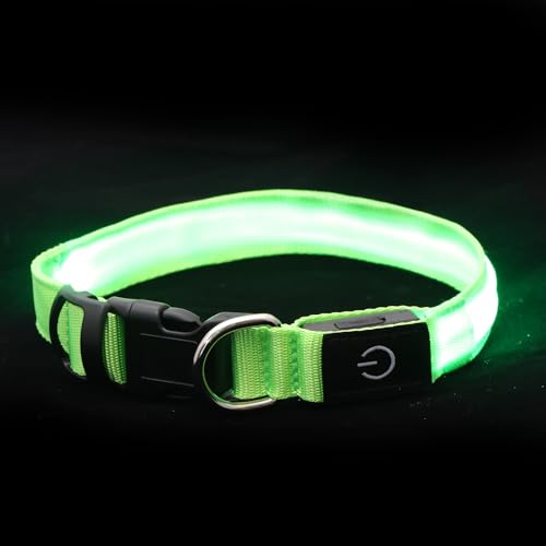 Neon LED Light Up Dog Collar for Night Walking, Rechargeable Safety Glow Illuminated Collar with 3 Modes Flashing, Reflective Adjustable Pet Light for Small/Medium Dogs Puppy 15-19" Neck (Green) - color: 1-Pack(Green)&Medium